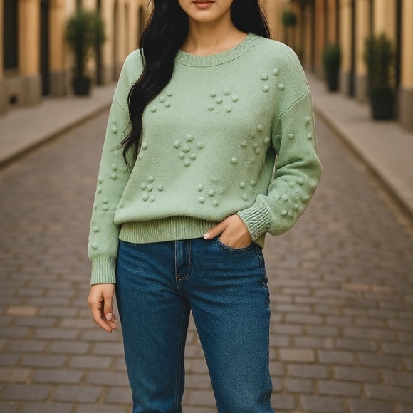 LALAVON CREW NECK TEXTURED MINT GREEN LOOSE FITTING BALLON SLEEVE SWEATER SZ L - Picture 1 of 9
